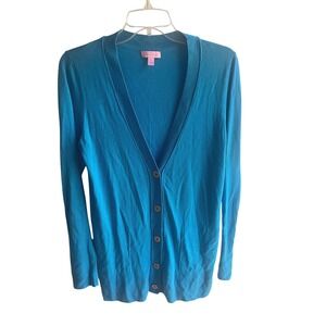 Lilly Pulitzer Cardigan Sweater Teal Blue Button‎ Front Long Sleeve Knit Top L